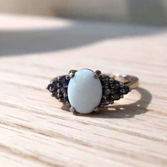 Source Unknown Jewelry - Distressed Vintage Ring 925 Silver with Gold Tone White Blue Stones